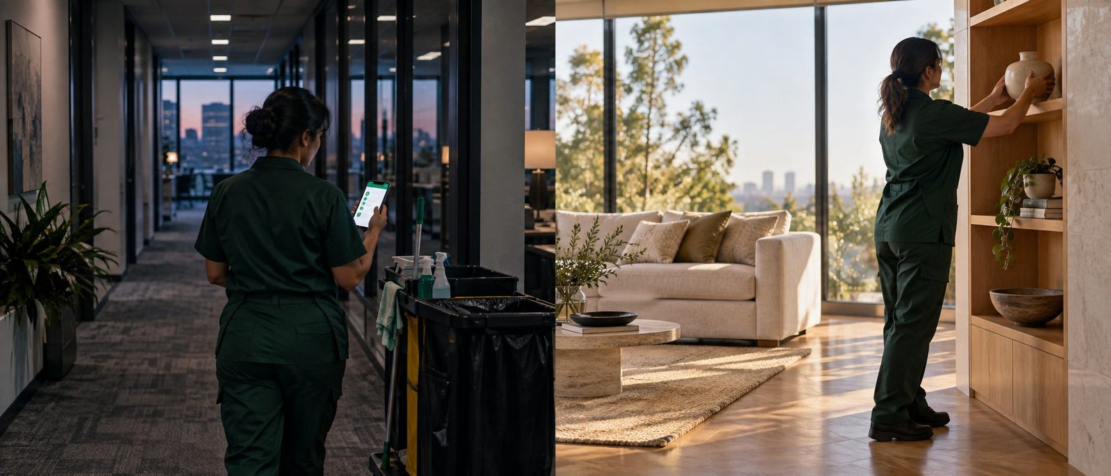 Split photo: a cleaner in a green uniform checks a phone checklist in an office corridor at twilight; a cleaner sets a vase on a shelf in a bright living room.