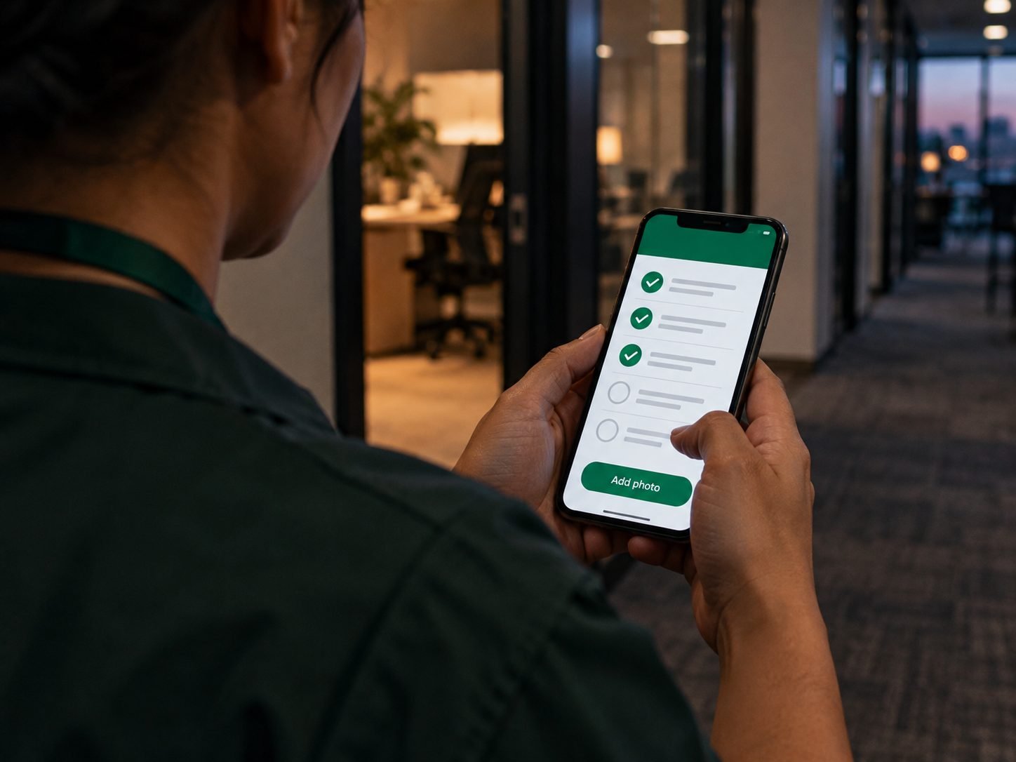 Close-up of a cleaner's hands holding a phone showing a CleanIQ checklist with three tasks ticked and an Add photo button, in an office corridor.