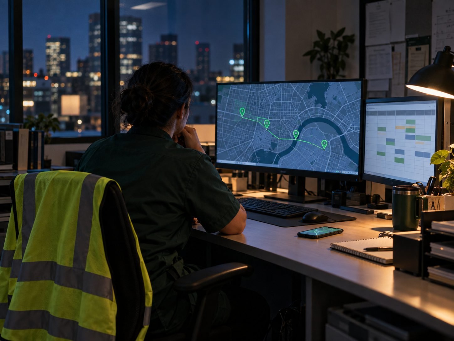 A supervisor at night watches a live route map with four green pins and a schedule screen in a small operations office.