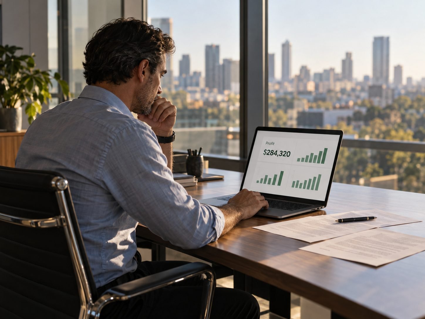 A business owner at a desk reviews a laptop dashboard with a profit figure and green bar graphs, contract printouts beside it.