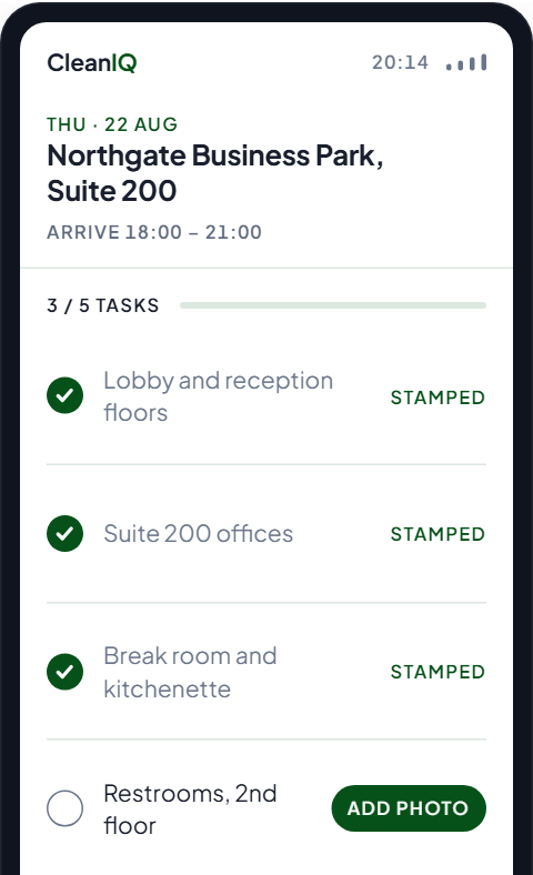 CleanIQ checklist screen for a sample site, three of five tasks stamped. Interface preview, sample data.
