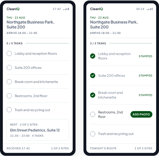 Two CleanIQ checklist screens side by side. Interface preview, sample data.