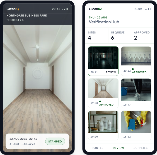 Two CleanIQ screens: a stamped photo and the review hub. Interface preview, sample data.